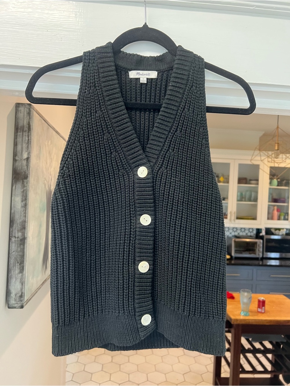 Madewell Black Ribbed Button-Front Sweater Vest with White Buttons
